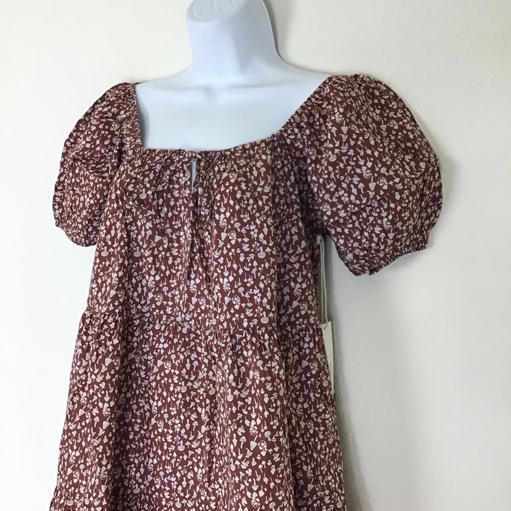 NWT LACAUSA Babydoll Mini Dress Puff Sleeve Mushroom Print Size M - Picture 5 of 11